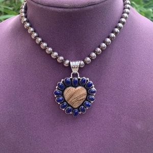 Sterling silver cluster heart pendant with jasper and lapis cluster 925 jewelry